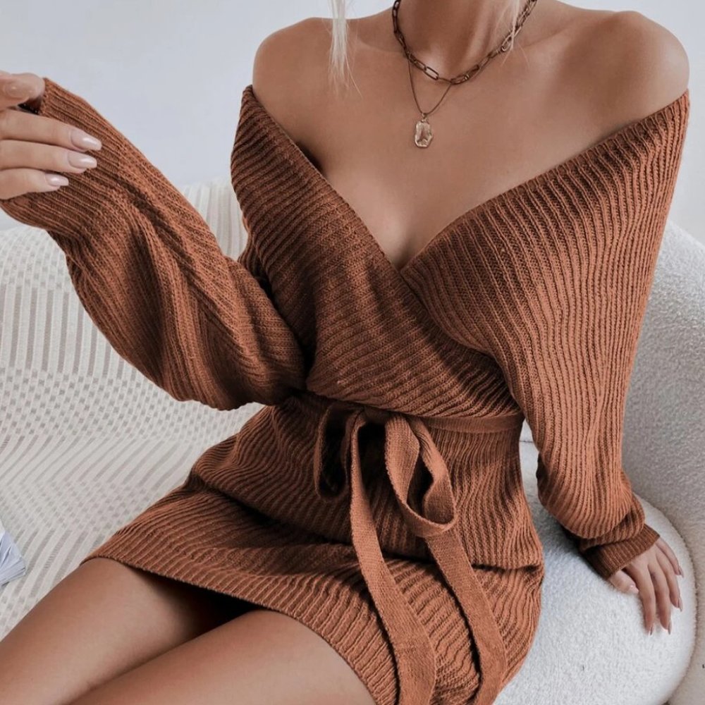 Free People NWOT Surplice Neck Cut Out Belted Sweater Dress